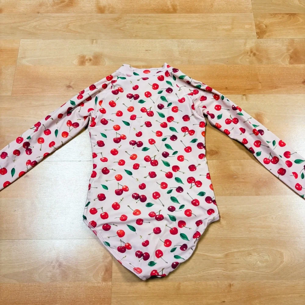 Crewcuts by J. Crew Pink & Red Long Sleeve Cherry Print Rashguard Swimsuit 12